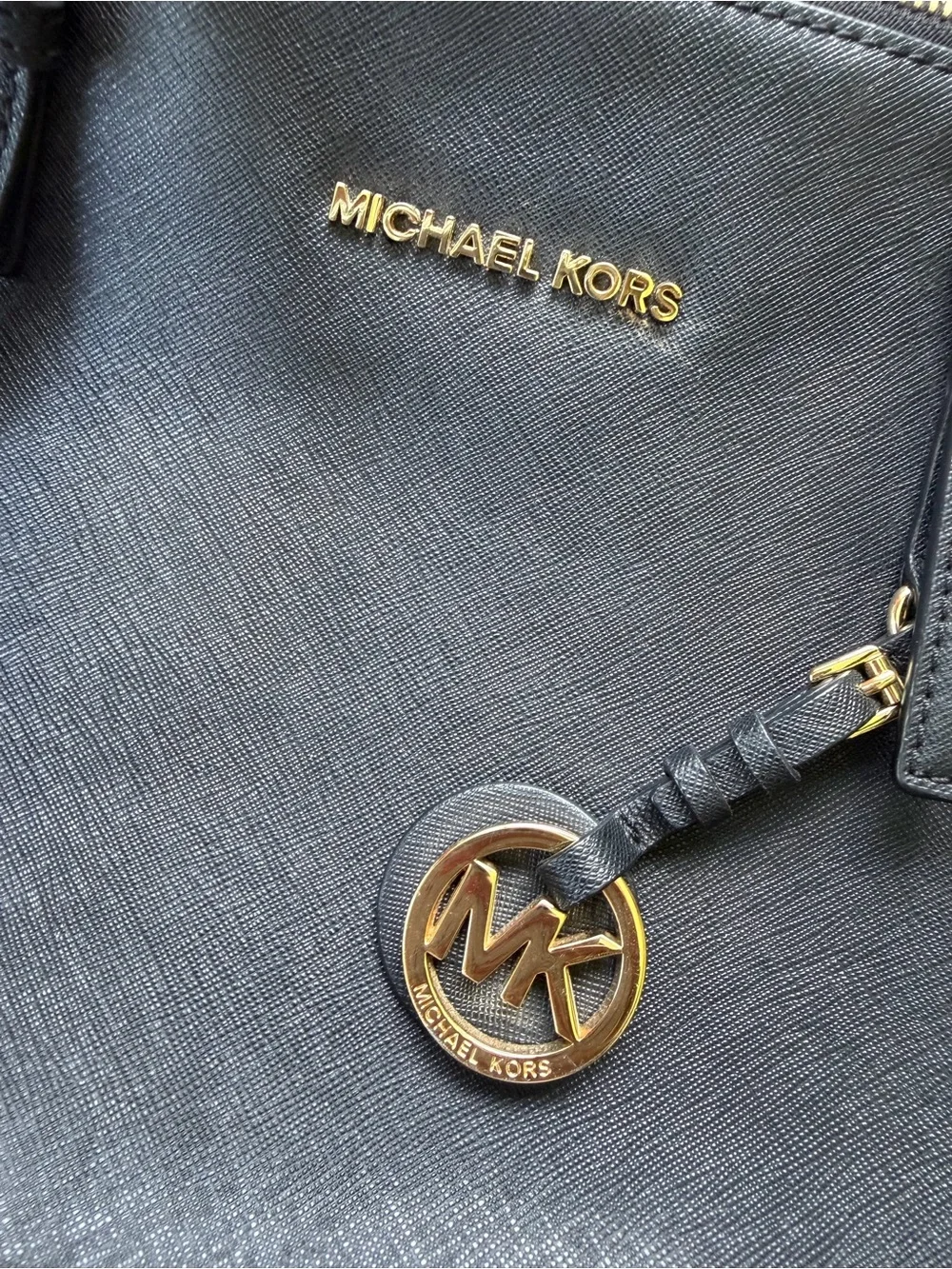 Michael Kors Black Leather Tote with Gold MK Charm